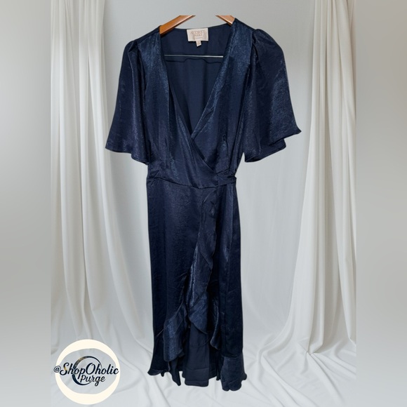 Wrap Dress Size L Audrey Parks Navy Satin - Picture 1 of 8